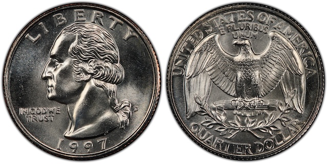 Side-by-side comparison of a normal 1997 quarter versus a 1997 Doubled Die Obverse showing doubled lettering in IN GOD WE TRUST