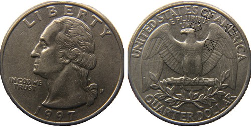 1997 quarter off-center strike error showing crescent blank area and partial heraldic eagle design