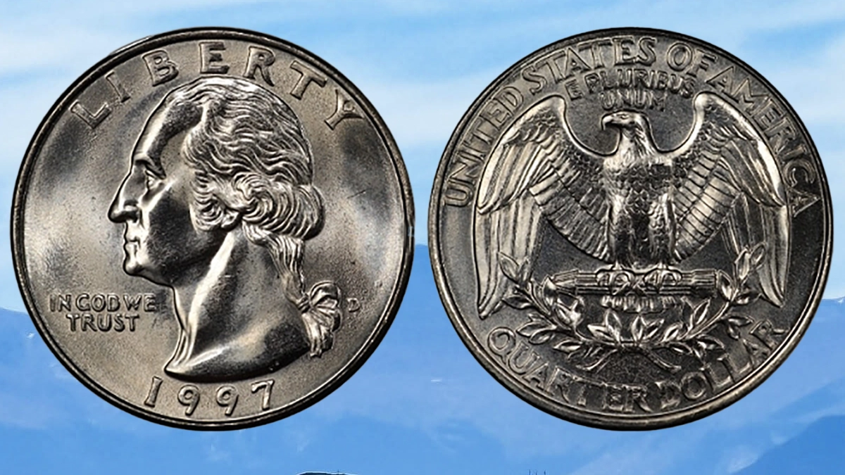 All four 1997 Washington quarter varieties — P, D, S clad proof, and S silver proof — displayed side by side for comparison