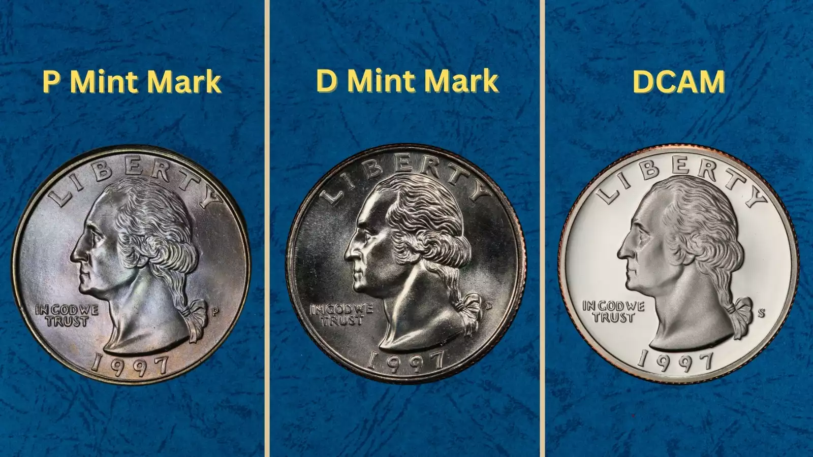 1997 Washington quarter grading strip showing four coins in Worn, About Uncirculated, Uncirculated, and Gem Uncirculated condition